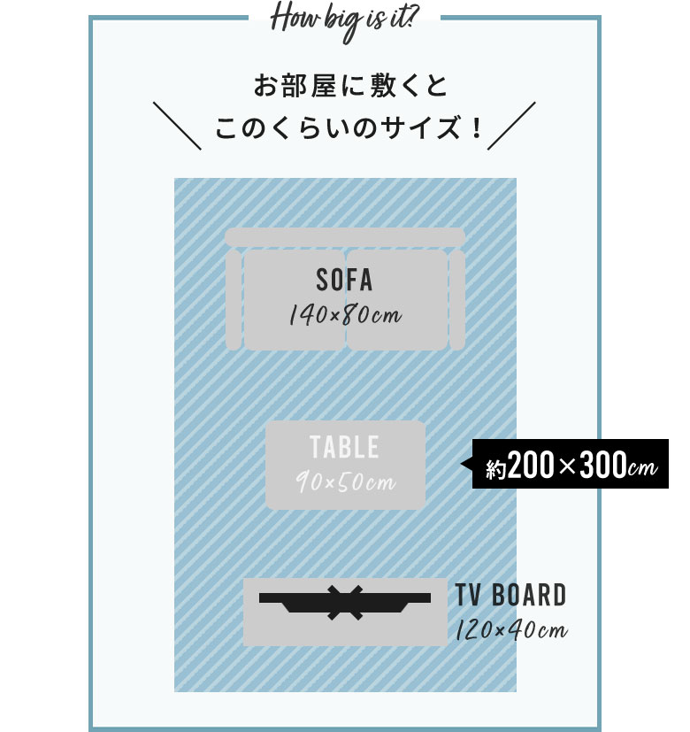 お部屋に敷くと、このくらいのサイズ