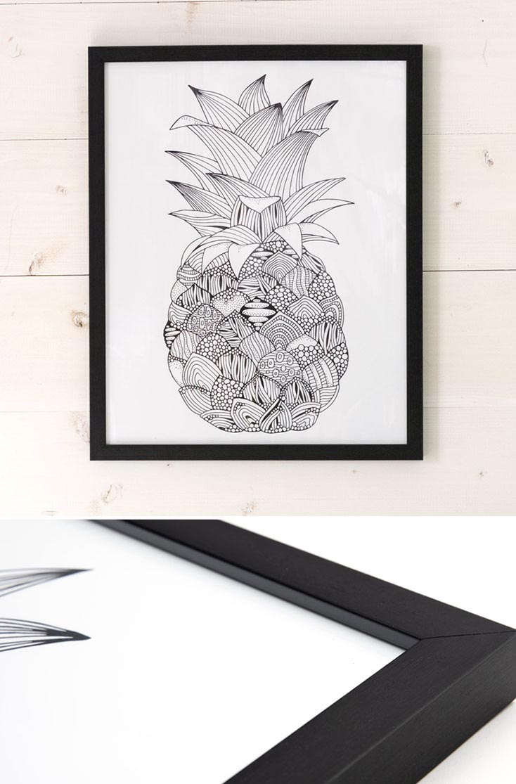 独創的なモノクロイラストが個性的なパイナップルアートパネル 40×50cm
