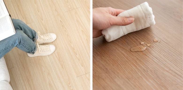 土足でもOKの丈夫な表面と、安心の撥水加工のフロアタイル