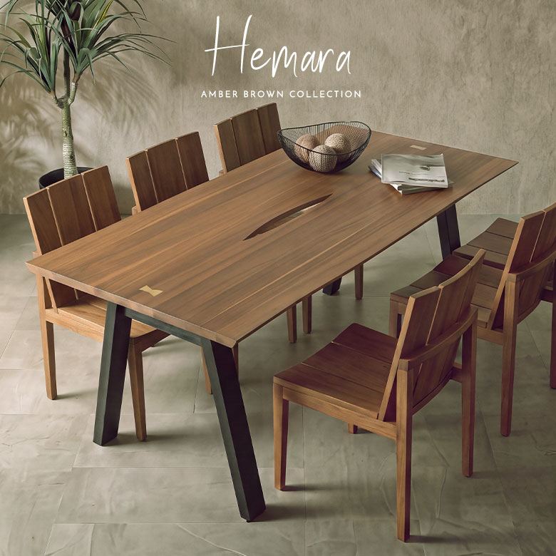 真鍮のバタフライジョイントが際立つチーク無垢材ダイニングテーブル、Hemara（ヘマラ）シリーズ