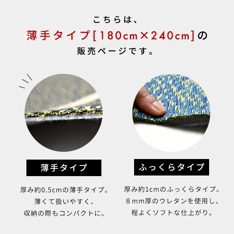 こちらは薄手タイプ、180×240cmの販売ページです。