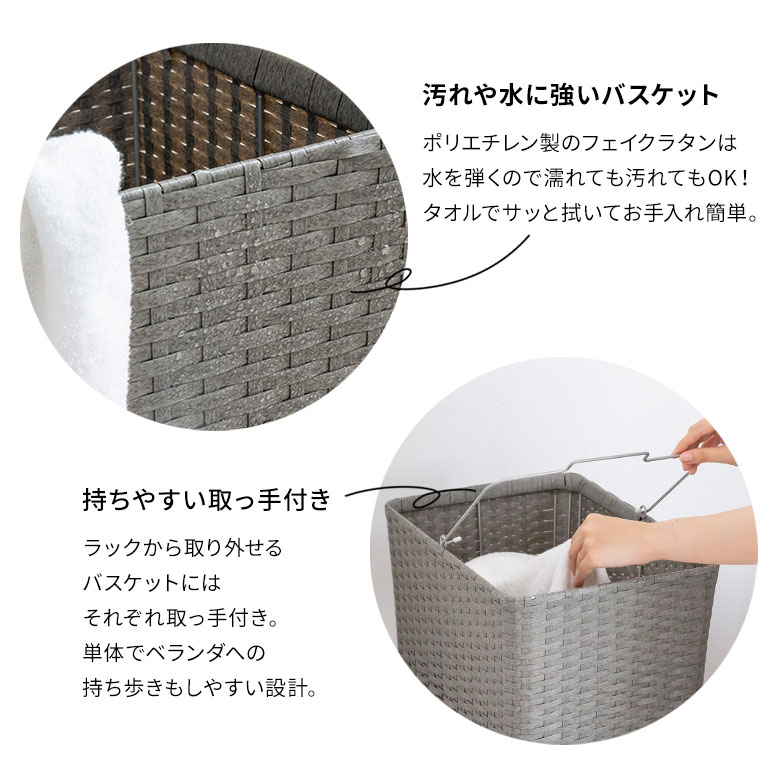 汚れや水に強いバスケット。持ちやすい取っ手