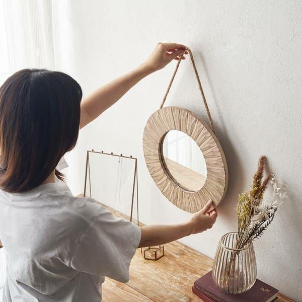 鏡 ミラー 壁掛けミラー 立て掛け 木製 円形 丸型 丸鏡 約 W 35.5 × D
