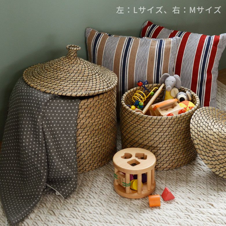バスケット ふた付き かごバスケット ポット シーグラス 3点セット