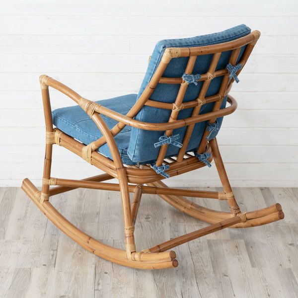 ロッキングチェア 肘付き 木製 ラタン デニムクッション付き 幅62cm