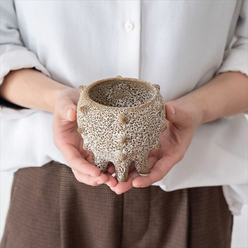 とげとげのユニークなフォルムが個性的な陶器鉢カバー 直径11cm [98914
