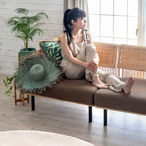 ラタンソファー(左) ブラウン 脚付き 脚取り外し可 3P使用可 [91421