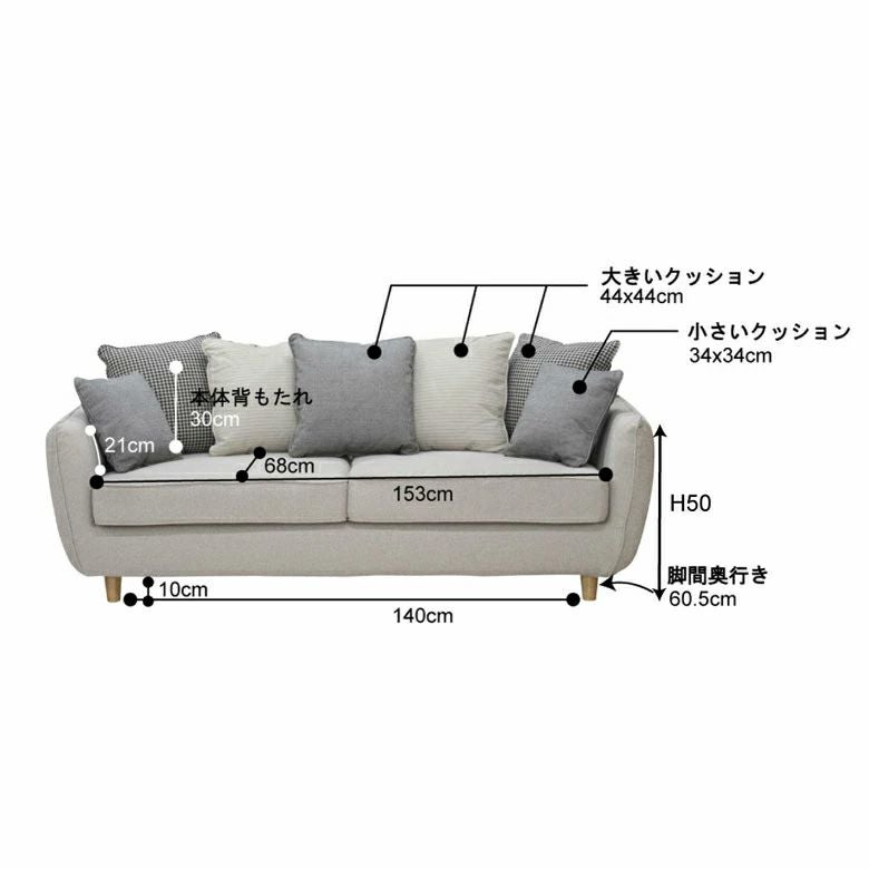 3人掛けソファー グレー クッション7個付き カバーリングソファ