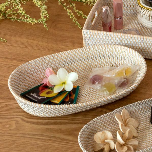 トレイ ラタン製 ホワイトウォッシュ 楕円形 約28.5×19.5cm 深さ5.5cm