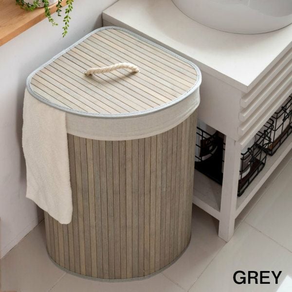 ランドリーバスケット バンブー製 コーナータイプ 蓋付き 大容量 内布