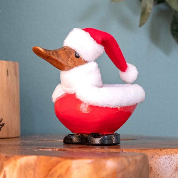 サンタクロース アヒル陶器置物 バリ島の職人が手彫りで仕上げるあひるモチーフのクリスマスオブジェ S