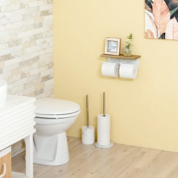 天然木の天板でちょい置きできる2連トイレットペーパーホルダー 棚付き