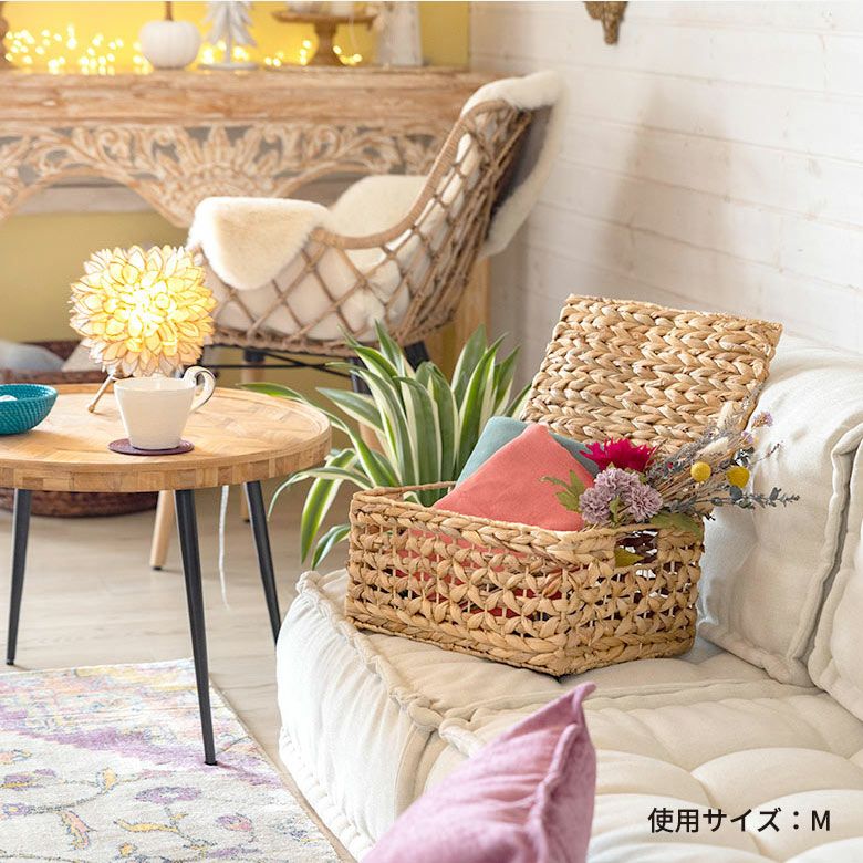 麦の穂のような編み目が美しいヒヤシンスのフタ付きバスケットM&L