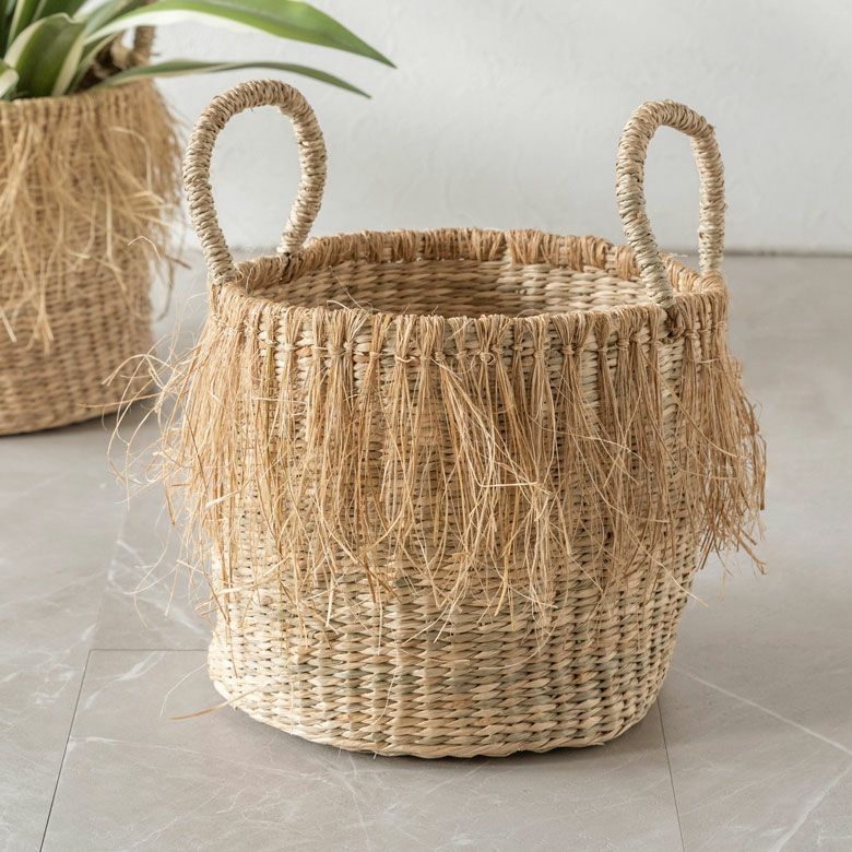 バスケット かご Mサイズ フリンジ シーグラス ラウンド W 25cm D 25cm