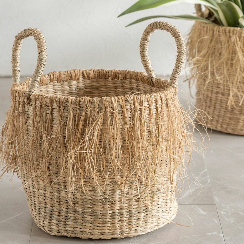 バスケット かご Mサイズ フリンジ シーグラス ラウンド W 25cm D 25cm