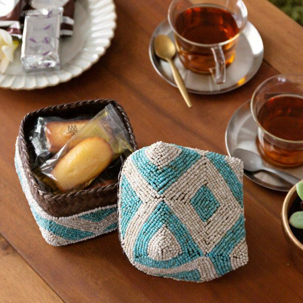 ソカシ ビーズ製 ダイヤ柄 13×13cm ベージュ×ブルー [13532-s] 【 収納