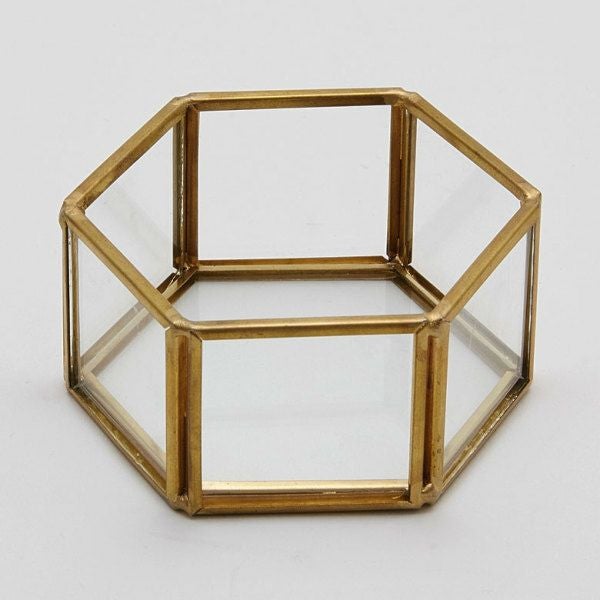 【美品】ガラスショーケース 真鍮 ヴィンテージ アンティーク ゴールド 六角形 アクセサリーケース ガラスと真鍮 ガラスケース アクセサリー収納 六