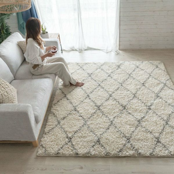 ベニオワレン風シャギーラグ 200×200cm モロカンデザイン ダイヤ柄
