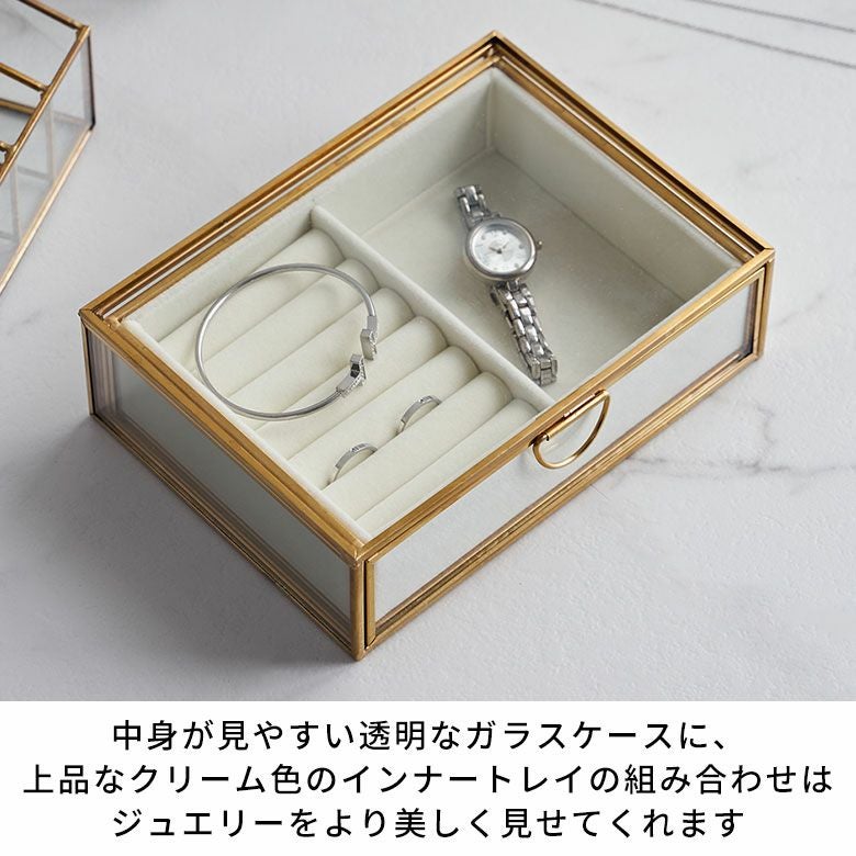 ガラスと真鍮で出来た引き出し型ジュエリーボックス（リングピロー付き