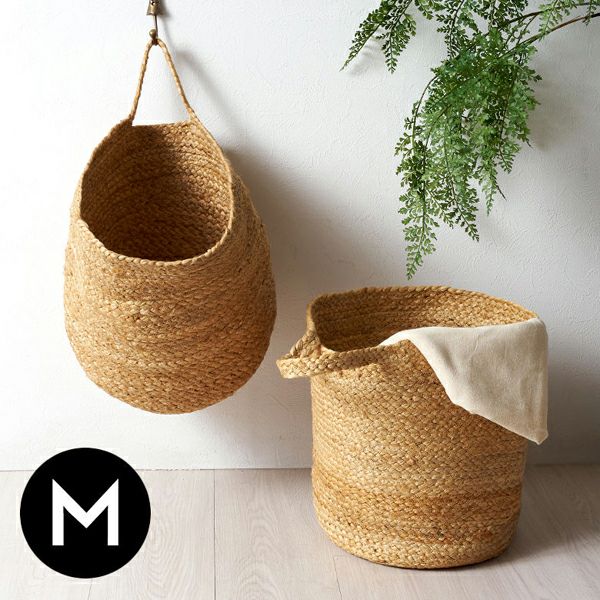 バスケット 吊り下げ かご ジュート 麻 マチ広 円形 Mサイズ 約 W 30cm