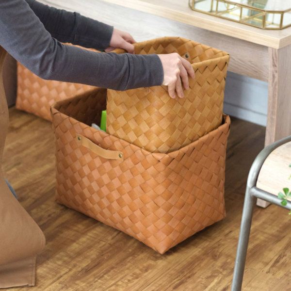 白樺かご風の収納バスケット 深型Lサイズ 3個セット 約W38×D26×H26cm