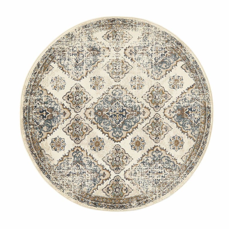 ラグラグマットペルシャ風円形ラウンド径150cm絨毯ウィルトン織りオリエンタル白アイボリー青ブルー約W150cm×D150cm×H1cmカーペットマットアミーラペルシャ絨毯風おしゃれアンティーク風モロッカン韓国インテリア北欧西海岸[eg84261]