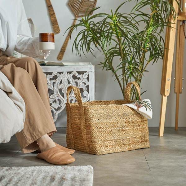 かご バスケット 持ち手付き ジュート 麻 Mサイズ 約 W 26cm D 32cm H