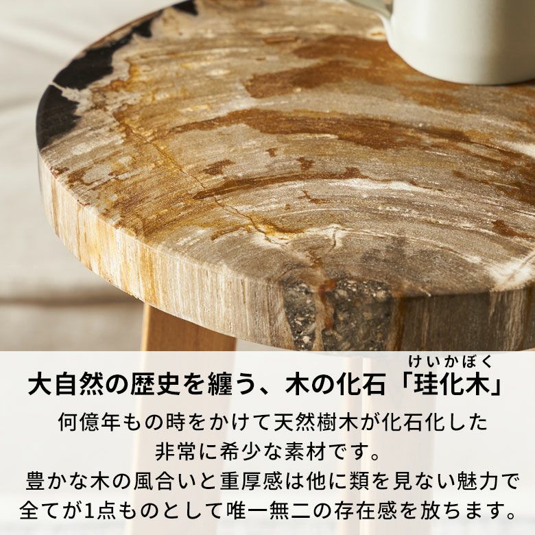 木の化石でできたフォッシルストーン製の天板にチークウッドの脚を