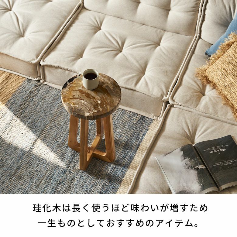 木の化石でできたフォッシルストーン製の天板にチークウッドの脚を
