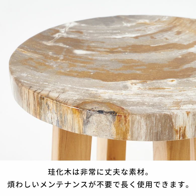 木の化石でできたフォッシルストーン製の天板にチークウッドの脚を