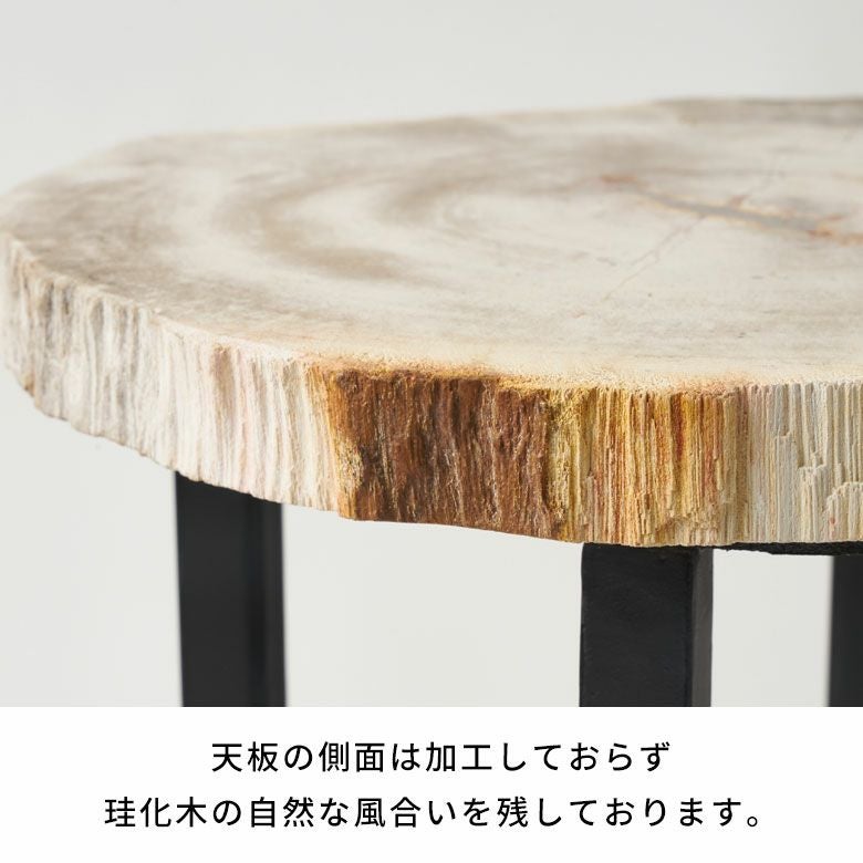 木の化石でできたフォッシルストーン製の天板にシンプルなアイアン製の
