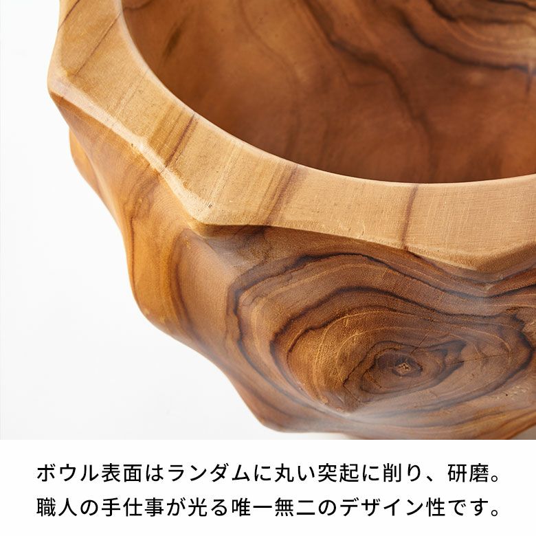 プランターカバーやフルーツボウルに使えるチークウッドから削り出した