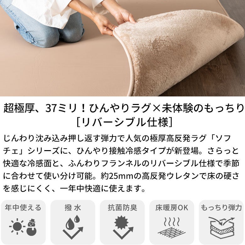 接触冷感／フランネル 高反発リバーシブルラグ 超極厚もっちり弾力