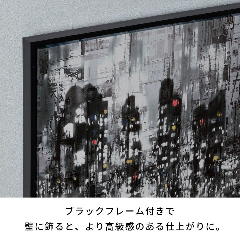 光と影が交差する都会の夜景を描いたブラックフレーム付きキャンバス